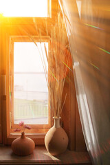 two clay vessels with ears of corn on the windowsill in the sunlight