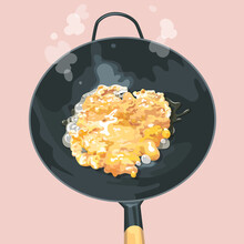 Top View Of Frying Eggs In A Pan.