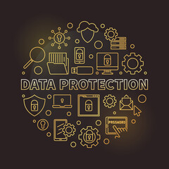Poster - Data Protection vector round concept linear golden illustration on dark background