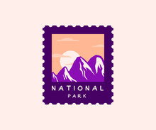 National Park Postage Stamp. Wilderness, Wanderlust And Nature Badgee With Mountain Silhouettes And Sunset