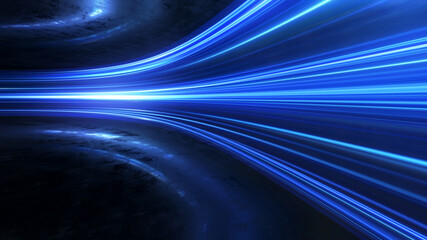 Poster - Light and stripes moving fast over dark background and are reflected in the road surface. Technology and science illustration.
