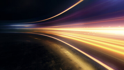 Poster - Light and stripes moving fast over dark background and are reflected in the road surface. Technology and science illustration.