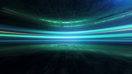 Fototapete - Light and stripes moving fast over dark background and are reflected in the road surface. Technology and science illustration.