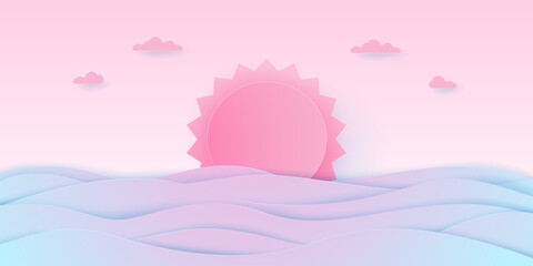 Wall Mural - Concept of love, Seascape, cloudy sky with pink sun and sea, paper art style