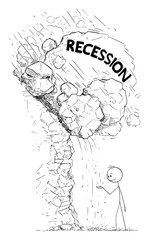 Canvas Print - Vector cartoon stick figure drawing conceptual illustration of man or businessman playing with small falling stones ignoring avalanche of recession rocks falling on him. Concept of approaching