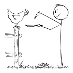 Poster - Vector cartoon stick figure drawing conceptual illustration of farmer or man holding pan and asking hen for egg for breakfast.