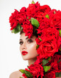 © Svetlana Fedoseeva - Beautiful woman face surrounded by red roses. Perfect skin. Professional makeup.