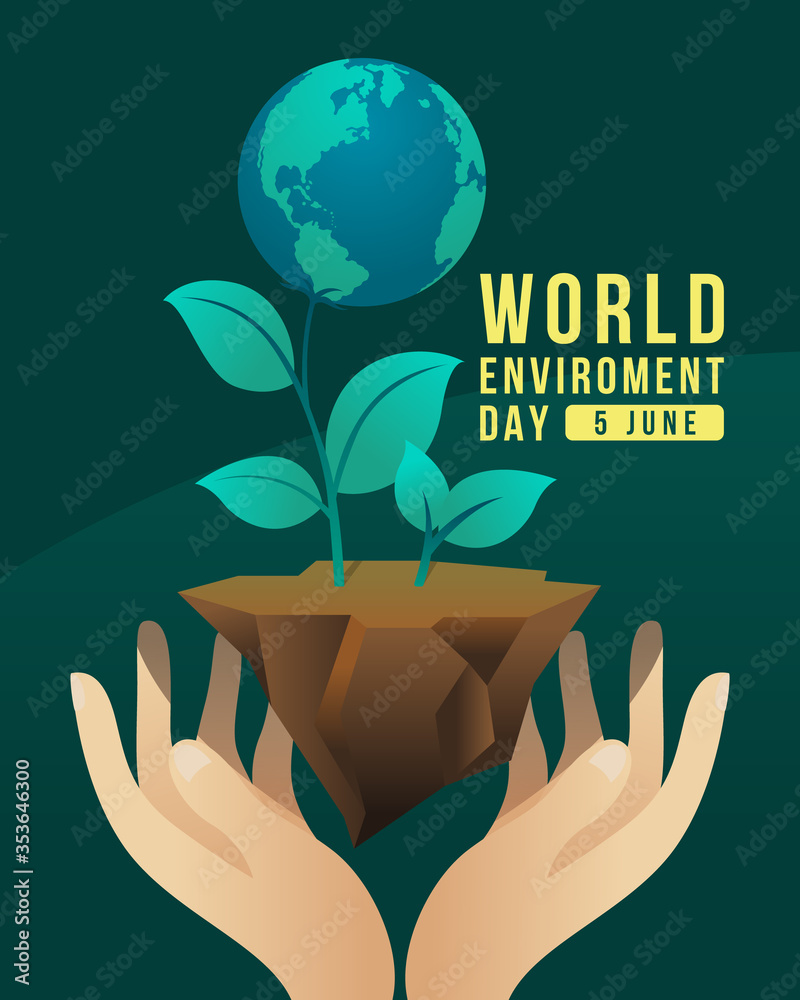 world environment day banner with hand hold care globe tree on earth ground vector design - obrazy, fototapety, plakaty 