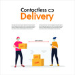 © Luslana - Contactless delivery concept illustration. Courier woman, man in protective mask and food bag with safe distance to protect form covid-19 or coronavirus. Flat vector illustration, isolated objects.