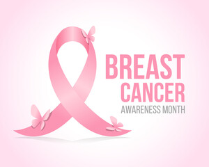 Wall Mural - breast cancer awareness month banner with butterfly on the pink ribbons sign vector design