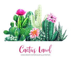 Wall Mural - Horizontal banner with watercolor cactus and succulent plants