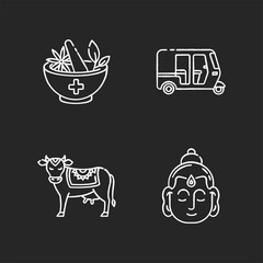 Poster - Indian culture chalk white icons set on black background. Ayurveda. Alternative medicine. Auto rickshaw. Holy cow. Sacred animal. Gautama Buddha. Founder of Buddhism. Isolated vector chalkboard