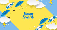 Rainy Season. Design With Raining Drops, Umbrella And Clouds On Blue Background. Vector.