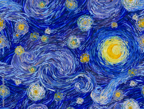Obrazy Vincent van Gogh  swiecacy-ksiezyc-i-gwiazdziste-blekitne-niebo-streszczenie-tlo-bezszwowy-wzor-wektorowy-w-stylu