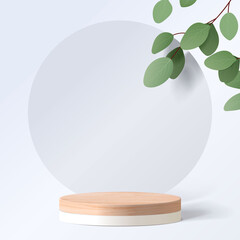 Wall Mural - abstract minimal scene with geometric forms. cylinder wood podium in white background with leaves. p