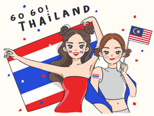 Two Pretty Girls Holding National Flag : Vector Illustration