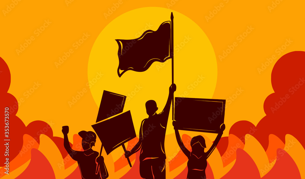 Vector illustration of People Protesting and demonstrate to bring justice with holding flag and sign and chaotic fire and smoke riot in the background - obrazy, fototapety, plakaty 