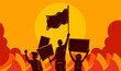 Vector illustration of People Protesting and demonstrate to bring justice with holding flag and sign and chaotic fire and smoke riot in the background