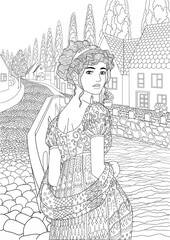 Wall Mural - Coloring book for adults with beautiful princess dressed in historical outfit in the empire style standing in the cute european village