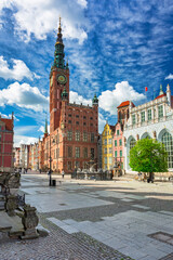 Beautiful architecture of the old town in Gdansk with city hall, Poland