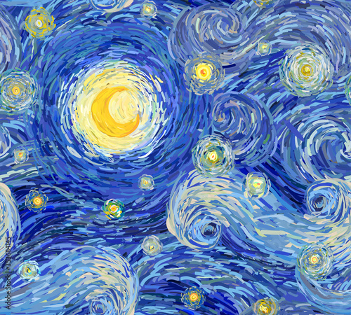 Naklejki Vincent van Gogh  wektor-wzor-nocnego-nieba-z-swirly-chmurami-gwiazdami-i-duzym-swiecacym-ksiezycem-w
