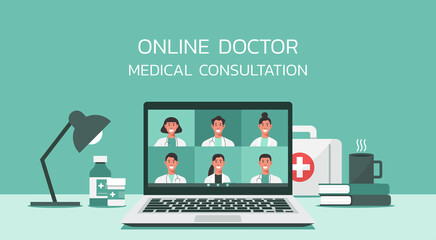 online healthcare and medical consultation services concept, group of doctors teleconferencing with stethoscope on laptop screen, conference video call, new normal, vector flat illustration