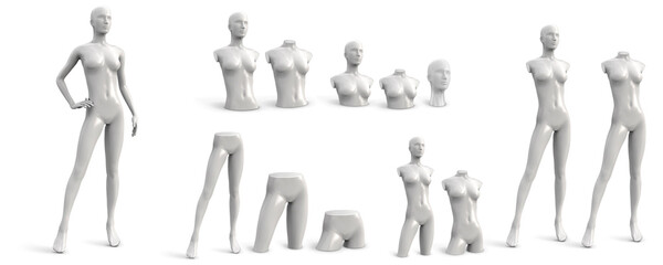 female mannequin of different parts. white set. three quarter front view. vector illustration isolat