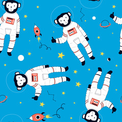 hand drawn astronaut monkey seamless pattern. space background. space doodle illustration. vector il