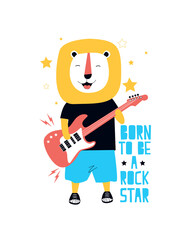 Hand drawn rock and roll elements and lion with slogans. Vector illustration.	