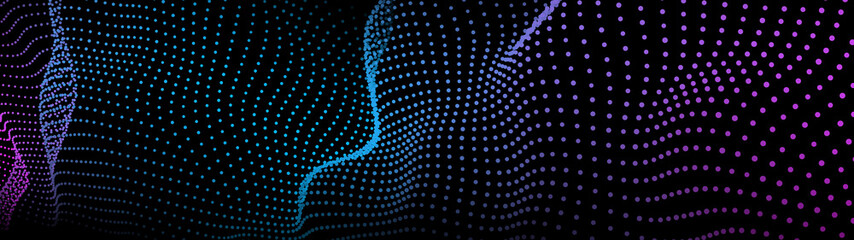 Fototapete - Abstract gradient dynamic wave of particles. Network of bright points or dots. Big data. Digital background. Vector