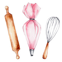 Kitchen Set Of Pink Pastry Bag, Wooden Rolling Pin And Whisk; Watercolor Hand Draw Illustration; Can Be Used For Confectioner's Logo Or Kitchen Poster; With White Isolated Background