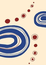 Various Abstract Shapes And Lines. Print In A Modern Minimalist Style. Blue And Red Circles On A Beige Background. Prints For Printing, Clothing, Decor, Textiles