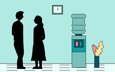 Poster - Creativity And Teamwork Concept. Woman And Man Silhouettes In The Office Space. Characters Discussing Business Project Standing Together Indoors Near Water Dispenser. Cartoon Flat Vector Illustration