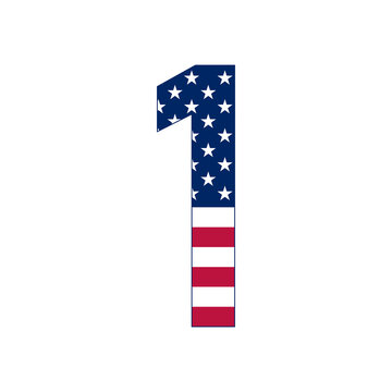 Number 1 with stars and stripes. American flag lettering font.
Vector USA national flag style with number 1.
Patriotic american element.  For poster, card, banner and background. 