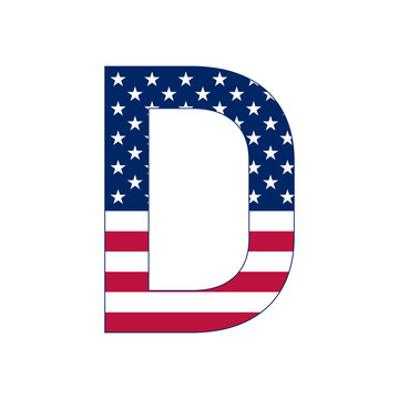 Letter D with stars and stripes. American flag lettering font.
Vector USA national flag style letter D.
Patriotic american element for poster, card, banner and background. 