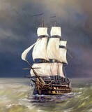 Digital oil paintings sea landscape, sailing ships in the sea. Battle ship, pirate ship in the sea