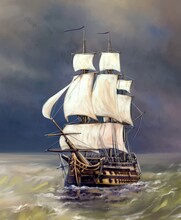 Digital Oil Paintings Sea Landscape, Sailing Ships In The Sea. Battle Ship, Pirate Ship In The Sea