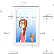 Vector Drawing Of A Dreaming Woman; Drawing Of A Girl And A Cat In The Window; Funny Picture Of A Window On A White Brick Wall; Design Blank.