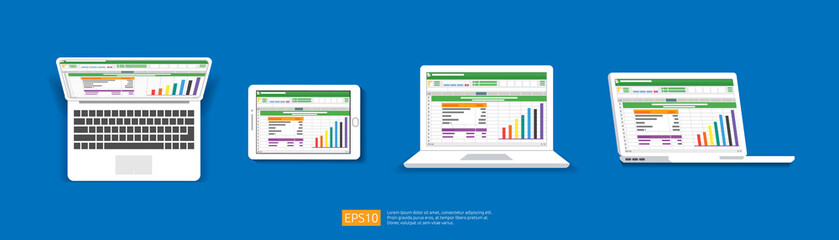 Poster - Spreadsheet on Laptop tablet screen icon. Financial accounting report concept. office things for planning and accounting, analysis, audit, project management, marketing, research vector illustration