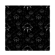 Seamless Vector Illustration Of White Outline UFO Or Unidentified Flying Objects And Stars On Black Background, Modern Pattern For Making Many Kinds Of Artwork Media, Printing Or Textile