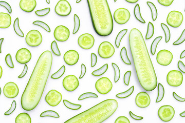 Wall Mural - Closeup fresh organic aloe vera and cucumber sliceห isolated on white background. Pattern texture for beauty and spa concept. Herbal medicine plant concept. Top view. Flat lay.