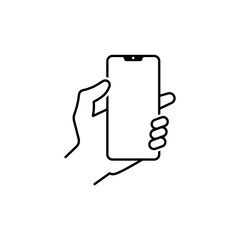 Wall Mural - Hand holds smartphone, isolated linear icon.