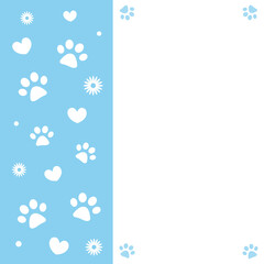 Wall Mural - Paw prints and hearts on a blue background frame background with empty space for your text.