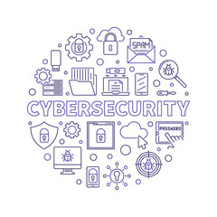 Poster - Cybersecurity vector circular concept outline simple illustration on white background