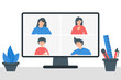 Stay and work from home. Video conference illustration. Online meeting work form home. Stream, web chatting, online meeting friends. Colleagues talk to each other on the computer screen.
