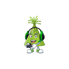 Canvas Print - A cartoon design of green party hat clever gamer play wearing headphone