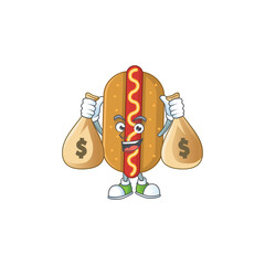 Wall Mural - A humble rich hotdog caricature character design with money bags