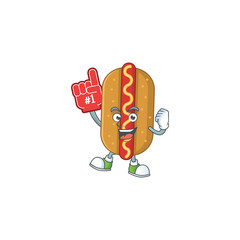 Wall Mural - Hotdog Cartoon character design style with a red foam finger