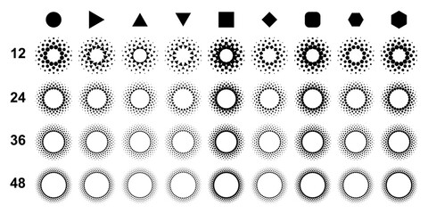 Leinwandbilder - set of circles with dots, triangles, quadrats and hexagons in halftone effect. Can use as background, logo or icon
