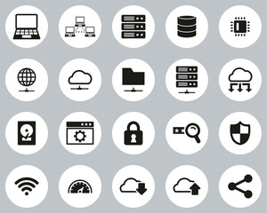 Canvas Print - Server & Data Center Icons Black & White Flat Design Circle Set Big